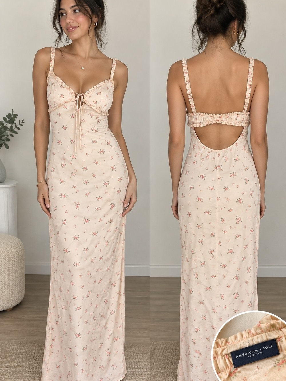 American Eagle Outfitters Blush Floral Lace-Trim Slip Dress